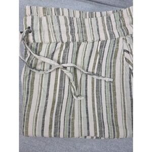 Naturals D & Co Linen Flax Green Striped Pants Wide Leg Drawstring 1X TALL Beach